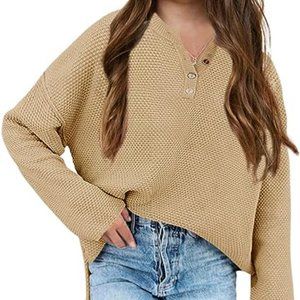 Girls' Button Neck Pullover Sweaters Long Sleeve Loose Fit Knit Jumper